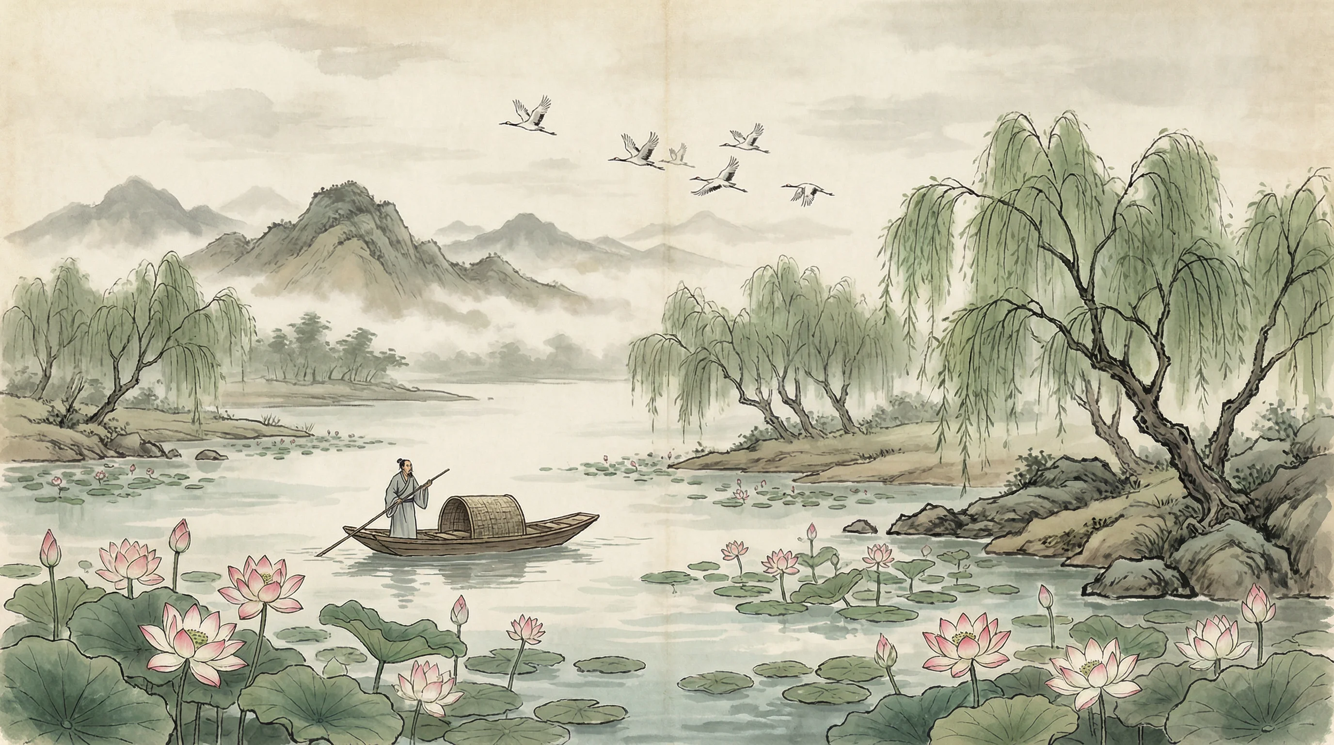 荷塘泛舟水墨画，与 炸金花guanwang 禅意相映